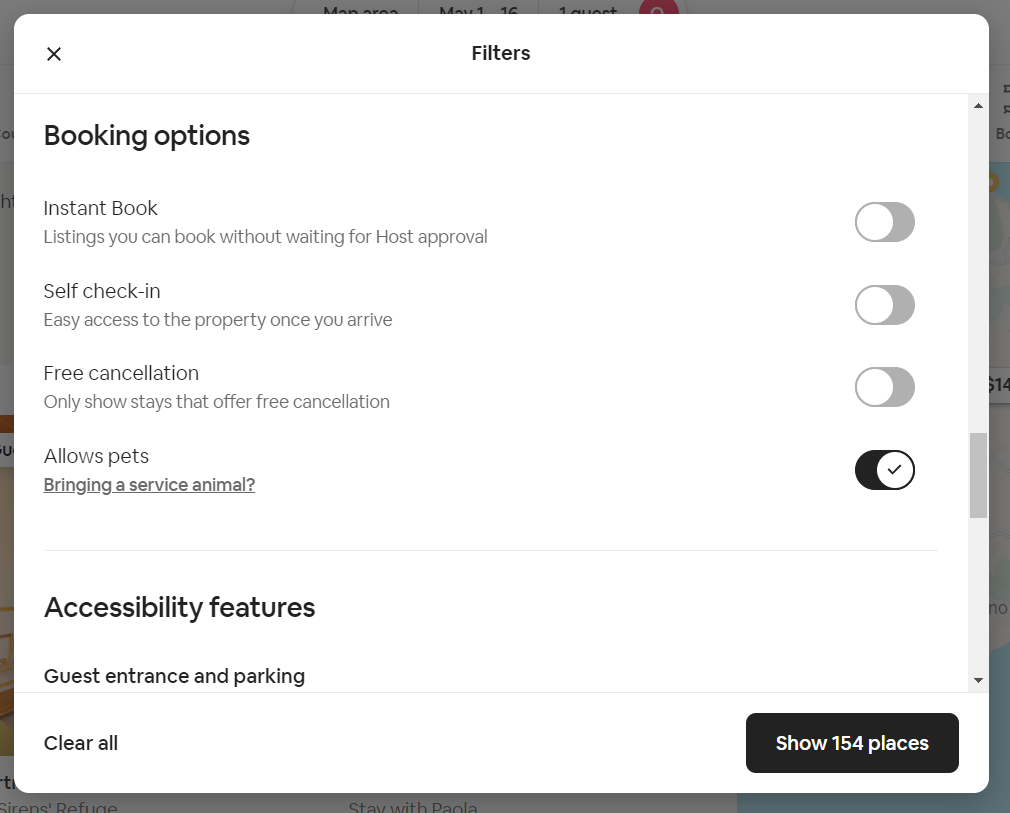 Airbnb search filter showing options to switch on and off such as self check in, free cancellation and allow pets.