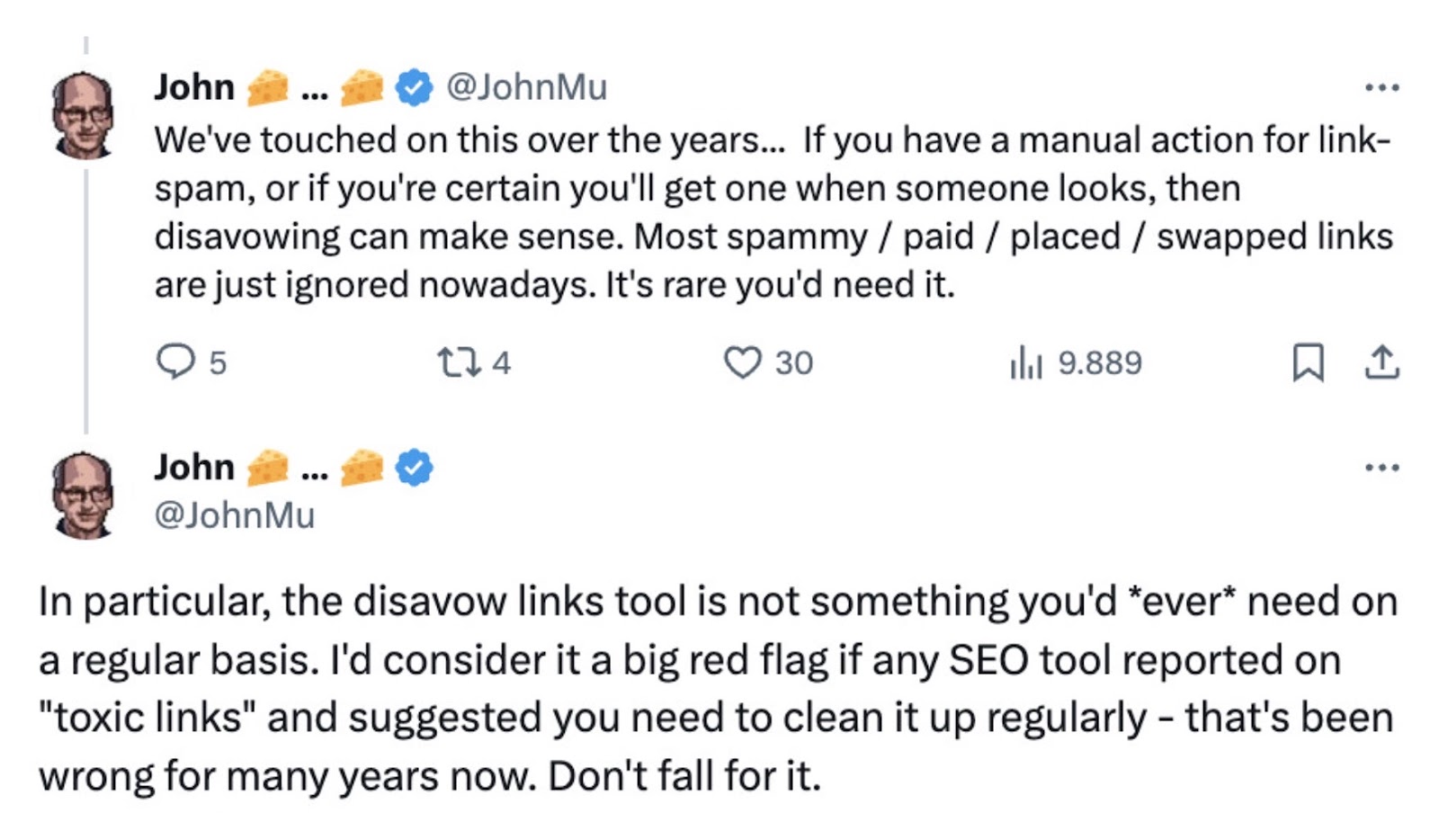 Post by John Mu on X talking about how disavowing links is not something you'd need to do on a regular basis.