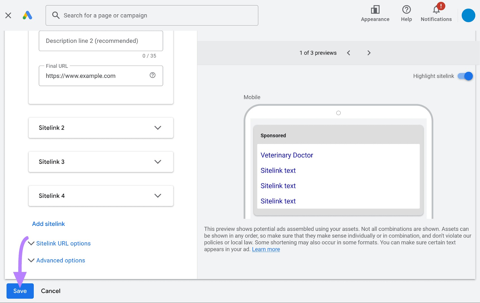 Filling in a sitelink asset information