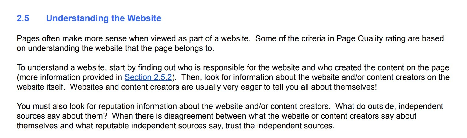 "Understanding the Website" section of Google's search quality evaluator guidelines.