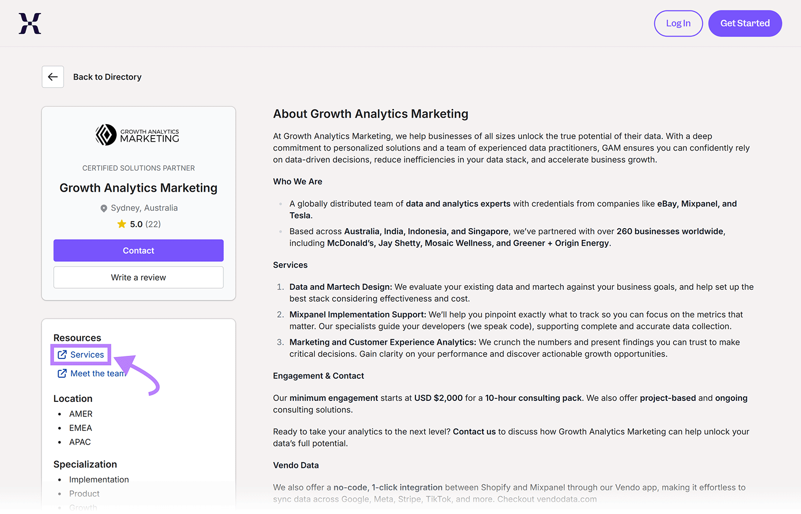 Partner profile page with backlink to services page highlighted