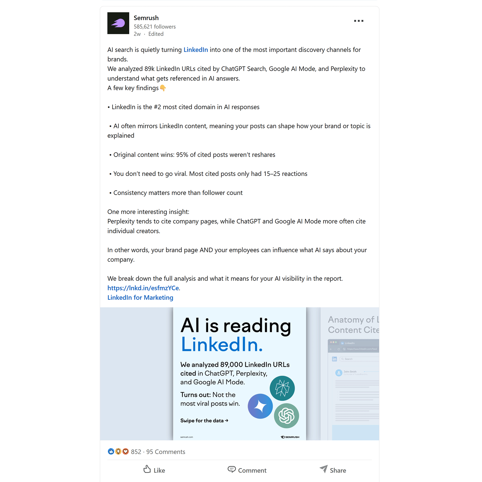 LinkedIn carousel post by Semrush summarizing study on LinkedIn content cited in AI search with key findings and engagement metrics