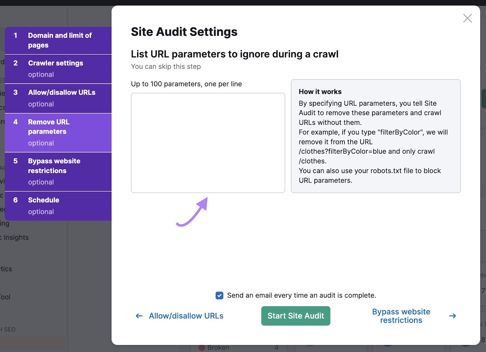 Remove URL parameters settings page on Site Audit to list URL parameters to ignore during a crawl.