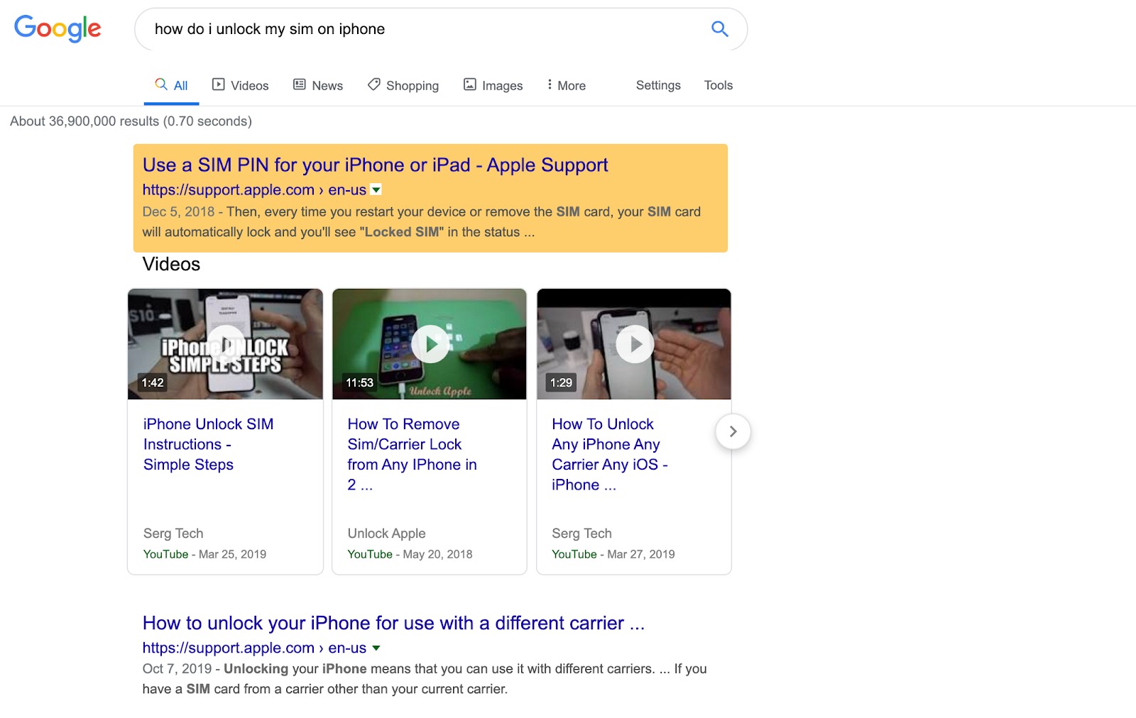 Google Search results for the query - how do i unlock my sim on iphone. Nothing is highlighted on this screenshot as proof that the search query doesn't count as a branded keyword.