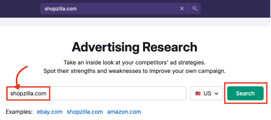 The Advertising Research search screen with an example domain entered in the search bar.
